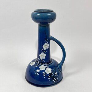 Antique Awaji Pottery Cherry Blossoms Blue Candlestick Candle Holder Japan